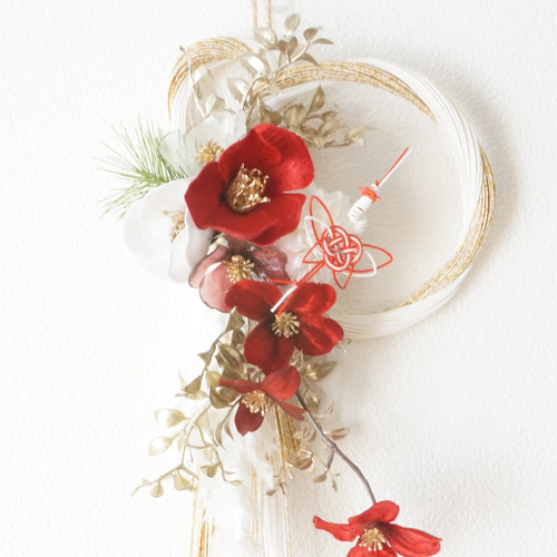 2025年新作・最後の1点】紅白カメリアと鶴のお正月飾り しめ縄