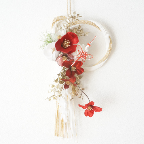 2025年新作・最後の1点】紅白カメリアと鶴のお正月飾り しめ縄