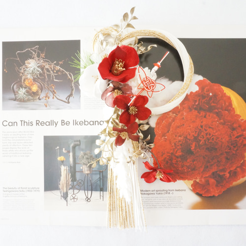 2025年新作・最後の1点】紅白カメリアと鶴のお正月飾り しめ縄