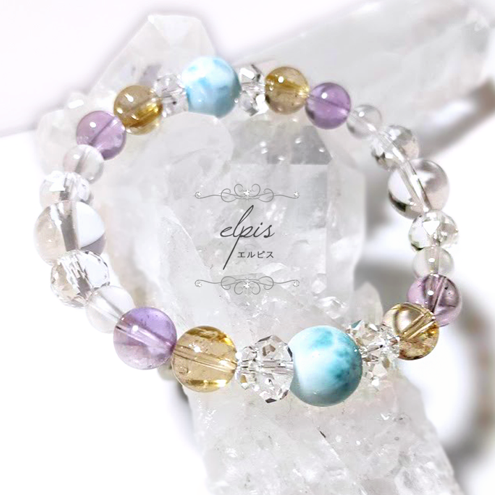 ラリマー＆ゴールドルチルクォーツ＆ローズアメジスト＆水晶＆メタモルフォーゼスクォーツのブレスレット
