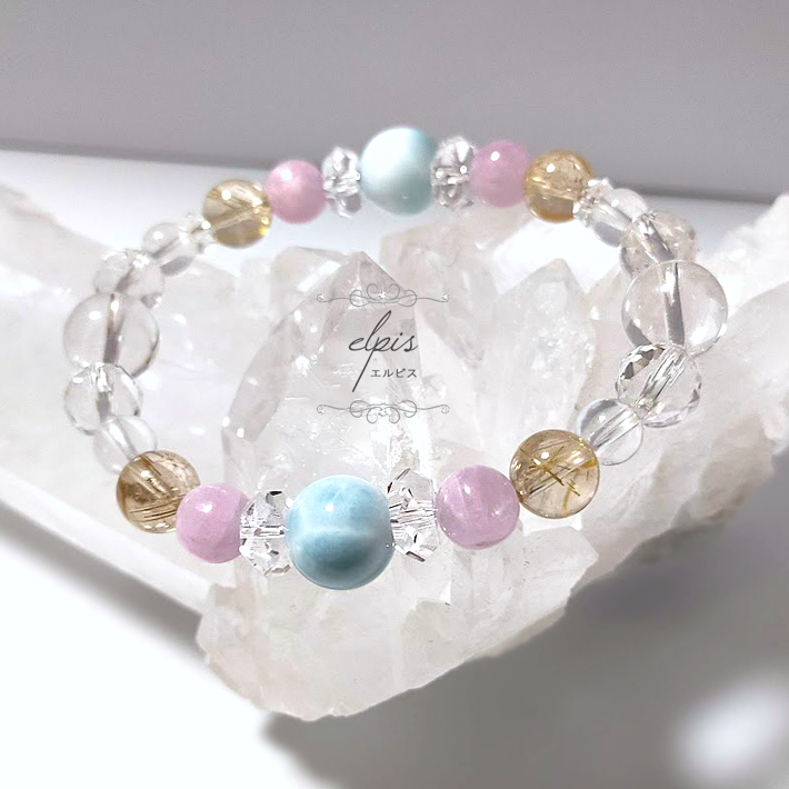 ラリマー＆クンツァイト＆ゴールドルチルクォーツ＆水晶＆メタモルフォーゼスクォーツのブレスレット