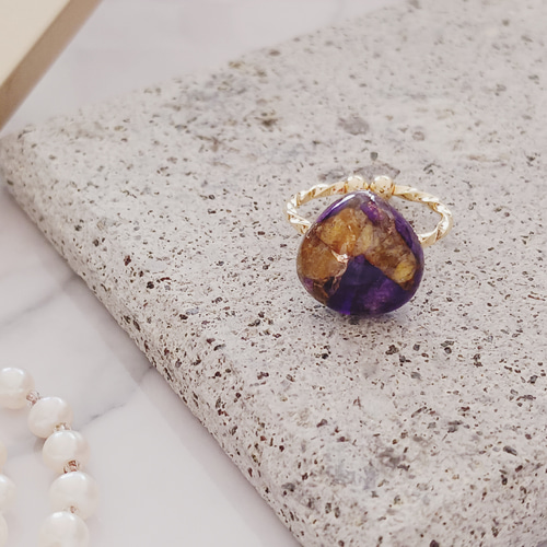 イエローパープルクォーツァイトコッパー 黄色と紫のリング 天然石