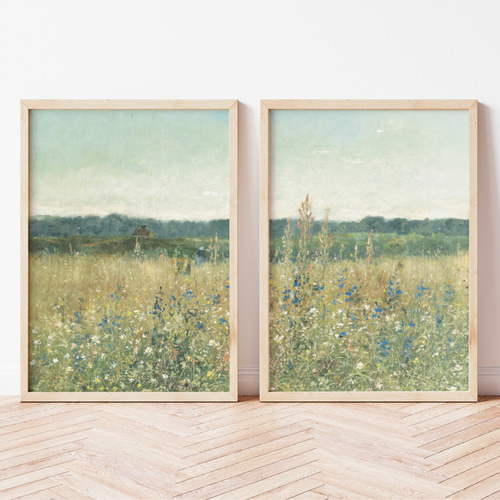 花畑風景 アンティーク アートポスター 2枚セット 北欧