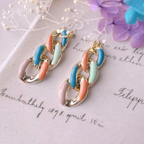 No.1631】ハンドメイド カラフル チェーンリング ピアス （A) ピアス