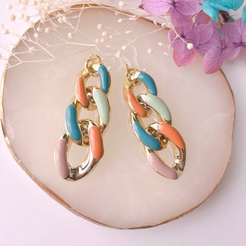 No.1631】ハンドメイド カラフル チェーンリング ピアス （A) ピアス