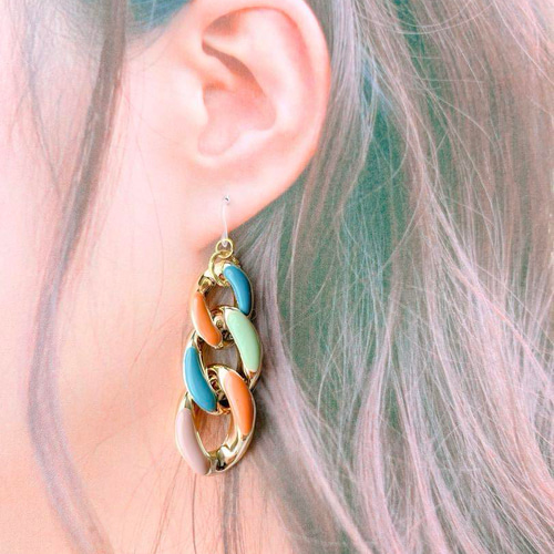 No.1631】ハンドメイド カラフル チェーンリング ピアス （A) ピアス