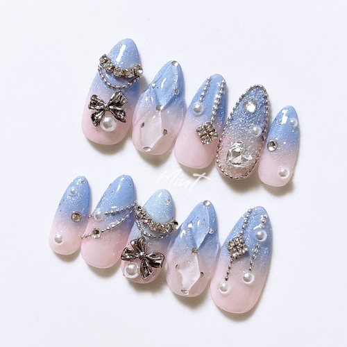 14］ネイルチップ リボン 韓国 らくがき ホログラム ハート オーダー