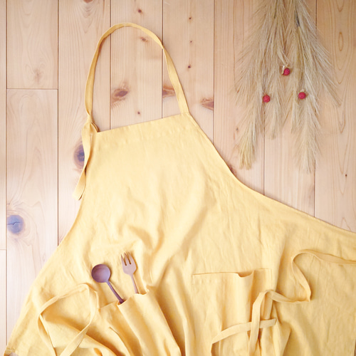 ハーフリネンエプロン＊くたっとした柔らか生地＊ぷくっとしたポケット