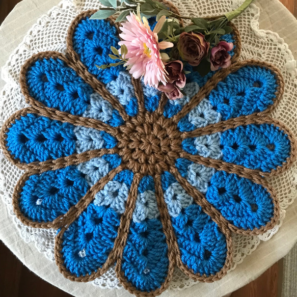 ☆お花の円座（ブルー）☆座布団 編み物 クッション クッション