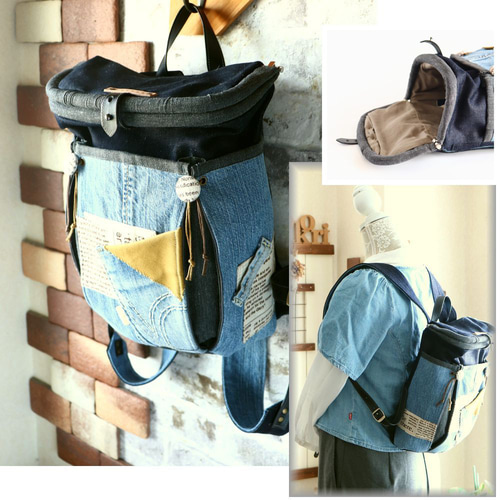 ハンドメイド　大きなリボン　デニム　特大　がま口バッグ　リュック　3wey 60.受注制作/送料込 3waybag デニム25cmがま口リュック