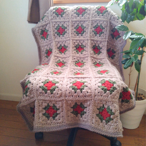 秋冬】#真紅の薔薇風#アンティーク#モヘア調#手編みひざ掛け