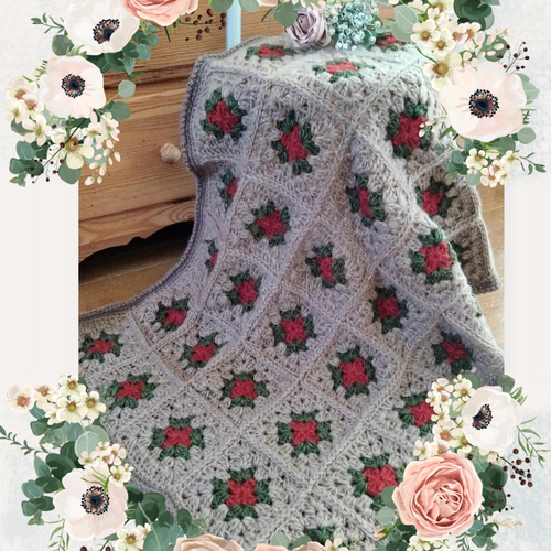 薔薇モチーフ 手編み ひざ掛け ブランケット ピンク ウール 薔薇モチーフ 手編み ひざ掛け ブランケット ピンク ウール ✩.*˚ 薔薇