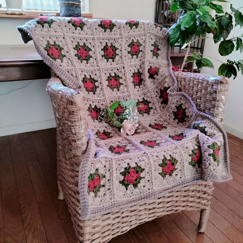 夏】#真紅の薔薇風#アンティーク#モヘア調#手編みひざ掛け