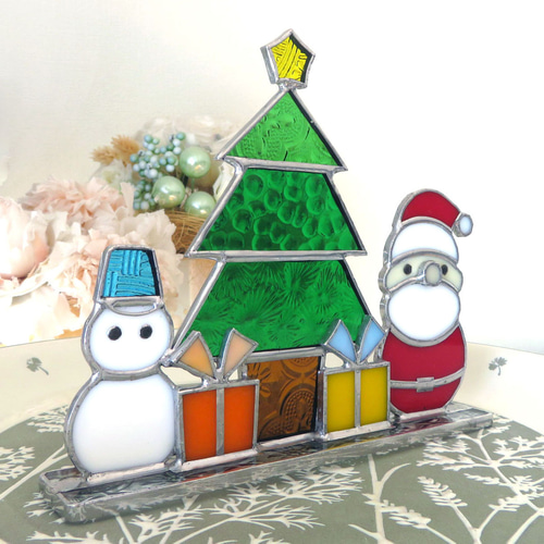 ステンドグラス☆クリスマスツリーの置物 ステンドグラス クリスマスツリー サンタクロース 雪だるま その他