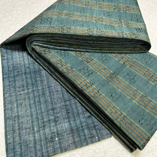 228号 半幅帯 花織紬 青緑×浅葱色とグレーの暈しの紬 正絹