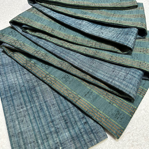 228号 半幅帯 花織紬 青緑×浅葱色とグレーの暈しの紬 正絹