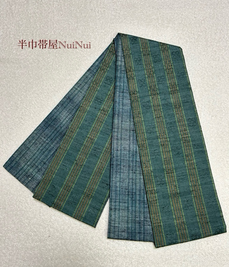 半幅帯★正絹★花織★紬★総柄 228号 半幅帯 花織紬 青緑×浅葱色とグレーの暈しの紬 正絹
