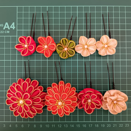 受注制作】赤 オレンジ 成人式 髪飾り つまみ細工 ちりめん 卒業