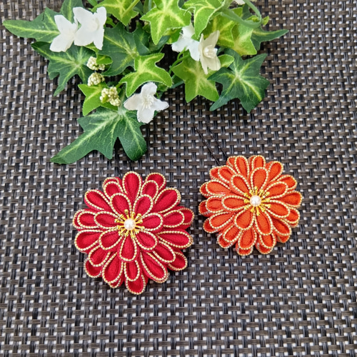 受注制作】赤 オレンジ 成人式 髪飾り つまみ細工 ちりめん 卒業