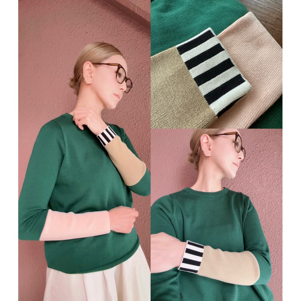 M＆L❤️有＆無選べるストライプ❤️着痩せニット❤️国産オリジナル❤️配色ニット❤️グリーン×ベージュ×サーモンピンク