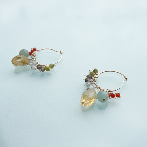 ラブラドライト×スモーキークォーツつぶつぶピアス(イヤリング・k14gf変更可) ラブラドライト×スモーキークォーツつぶつぶピアス(イヤリング