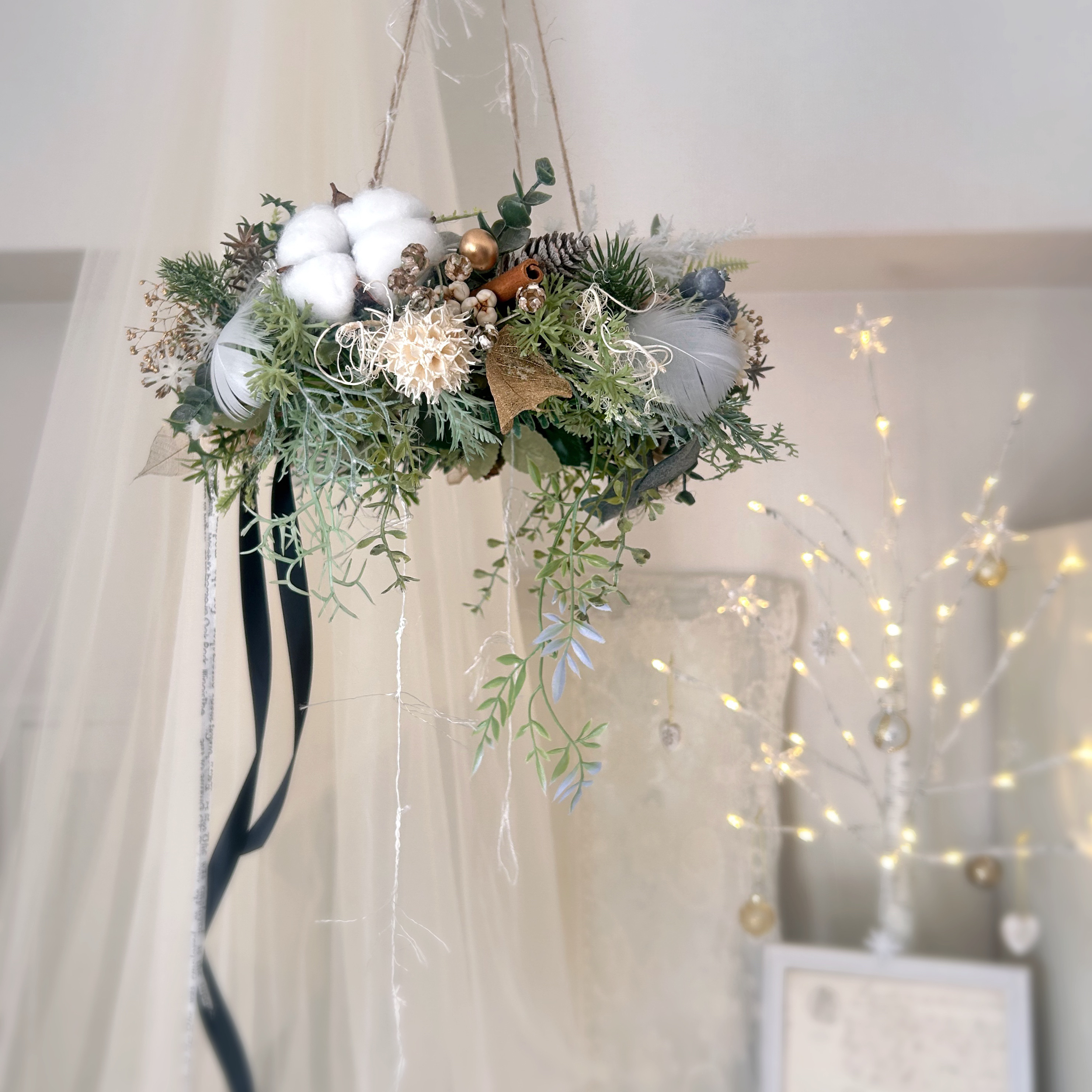 【再販×2】ナチュラルコットンクリスマスフライングリース無料ラッピング クリスマスリース クリスマスインテリア シック