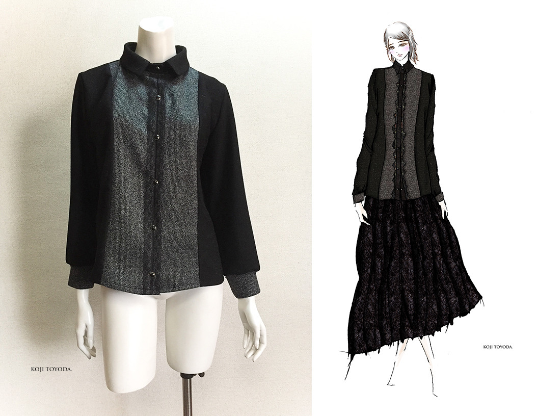 【1点もの・デザイン画付き】綿系先染めニット＆ラメ入りツイード調生地切り替えブラウス（KOJI TOYODA） 9,660円