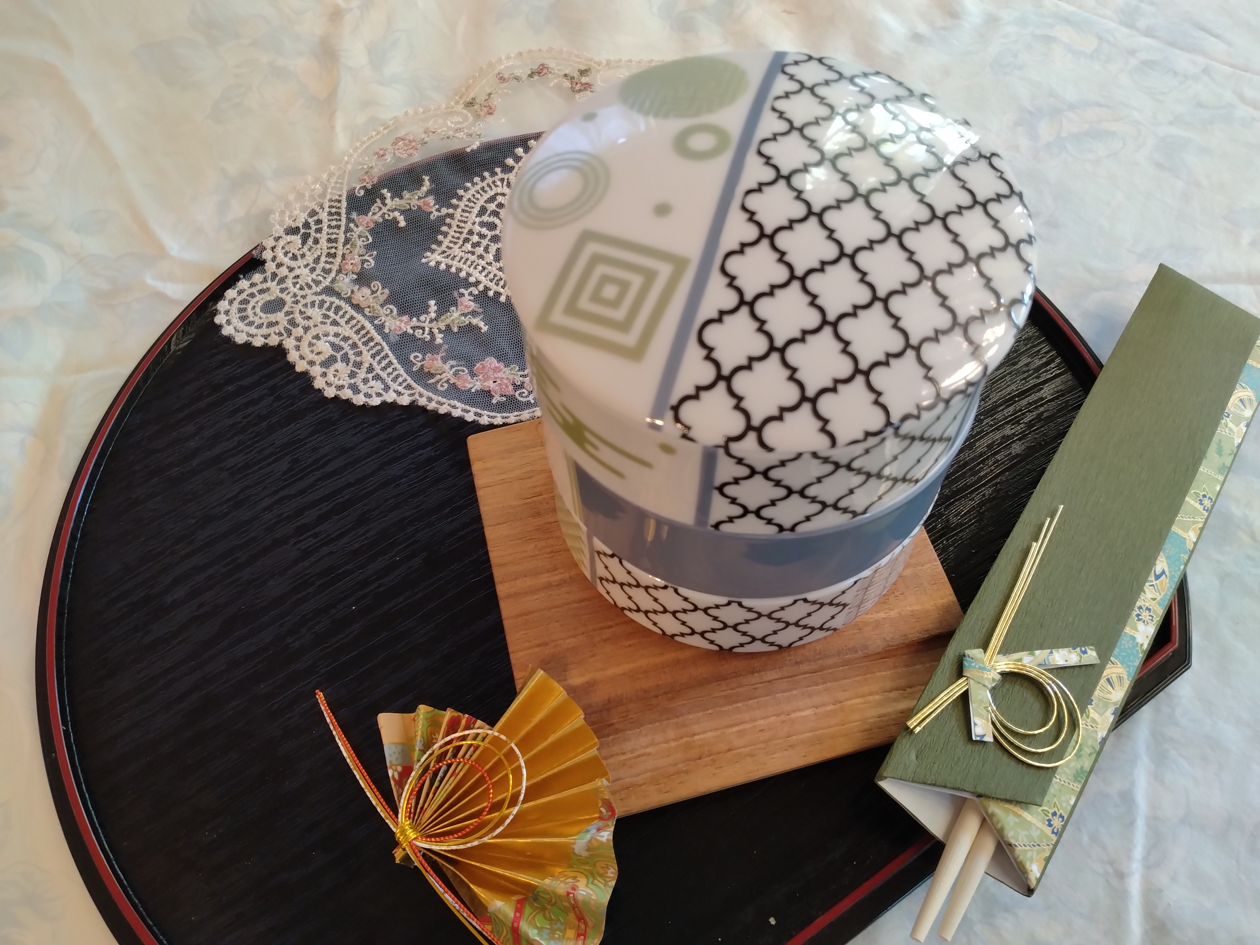 【三段お重／モロッカン柄】Mサイズ・ネイビーブルー ✕ グリーン