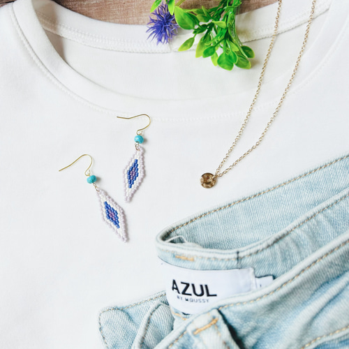 ターコイズ デリカビーズ ビーズステッチ ピアス/イヤリング