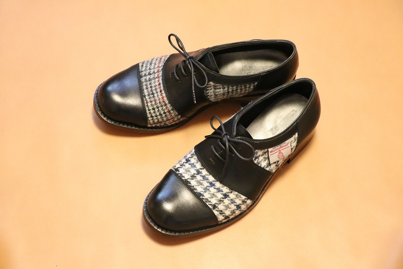 ハリスツイードのマニッシュタイプ（千鳥格子）のサドルシューズ 受注製作品 ブラック