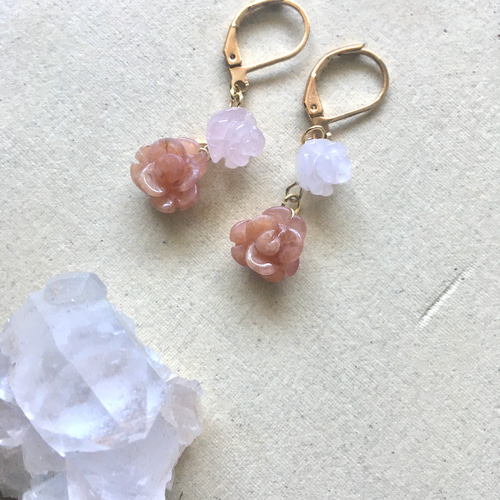 ☆❤️ 天然石　ローズクォーツ　薔薇　ピアス　イヤリング　ハンドメイド インカローズ と ローズクォーツ の 薔薇ピアス☆イヤリング 天然石