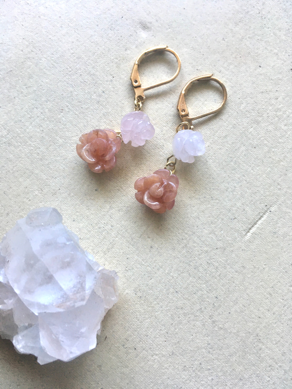 インカローズ と ローズクォーツ の 薔薇ピアス☆イヤリング 天然石