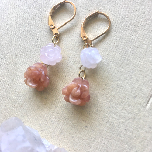 インカローズ と ローズクォーツ の 薔薇ピアス☆イヤリング 天然石