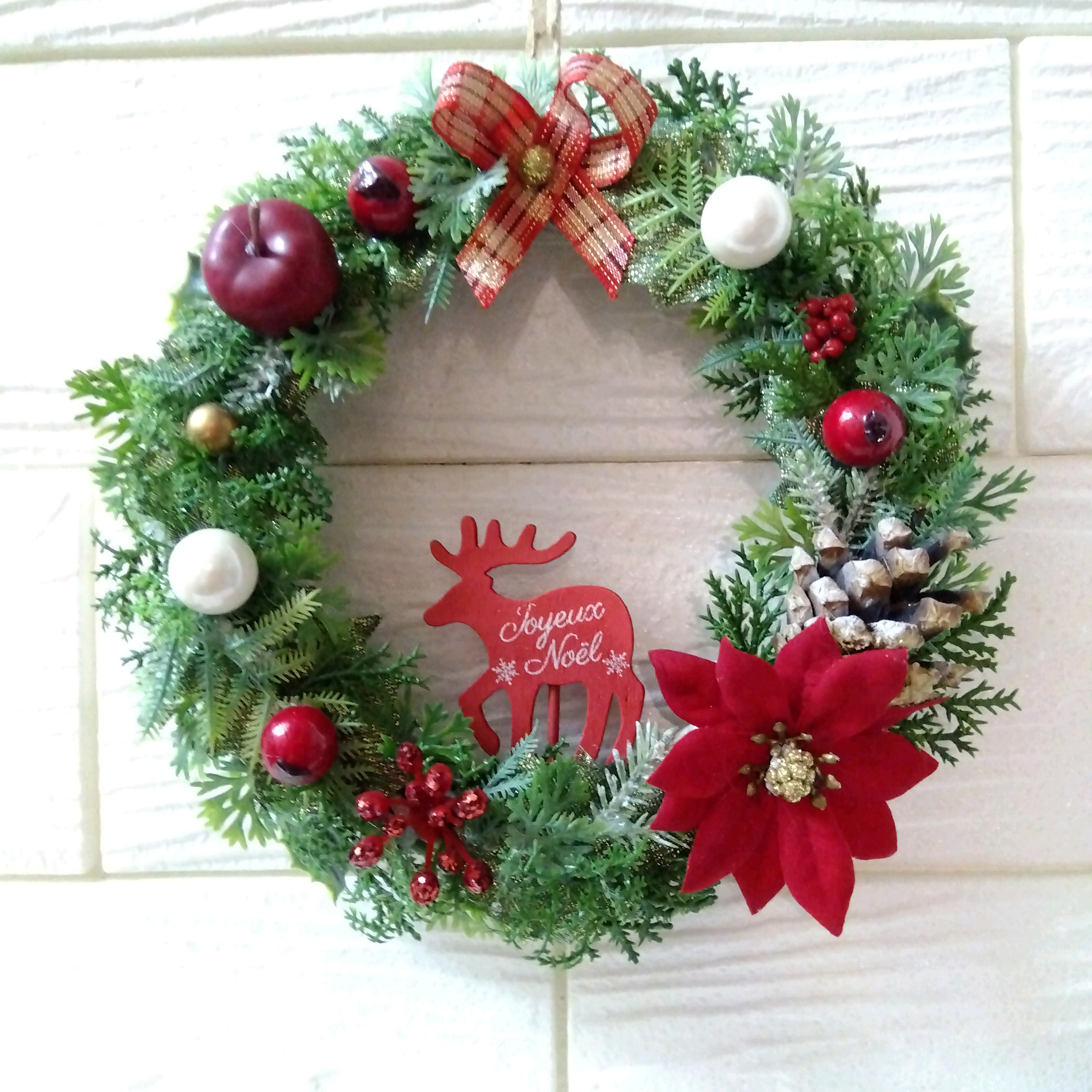 コットン付　トナカイリース　クリスマスリース 送料無料 ] ウッドトナカイとコットンのクリスマスリース 造花