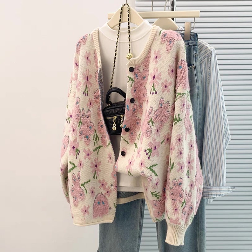 カーディガン、ニット、ジャカード、秋冬、防寒対策