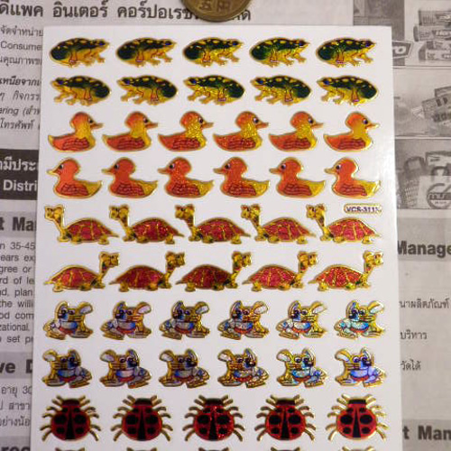 キラキラシール/水辺の生き物風 カエル アヒル 亀 ネズミ てんとう虫