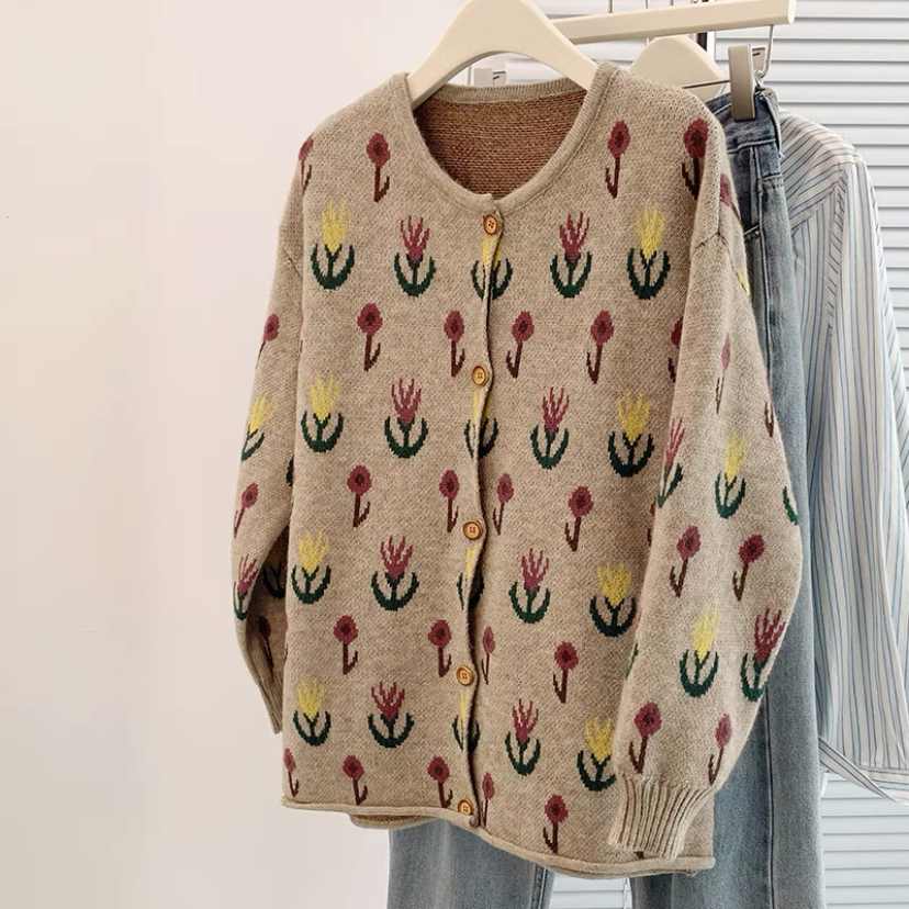 カーディガン、ニット、ジャカード、秋冬、防寒対策