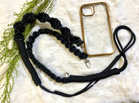 【ハンドメイド】パラコード・スマホ用ショルダーストラップ パラコード スマホショルダーストラップ （ブラック） 携帯ストラップ