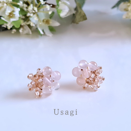 瀬織津姫＊ローズクォーツ・グラスビーズのピアス/イヤリング 【自己愛 