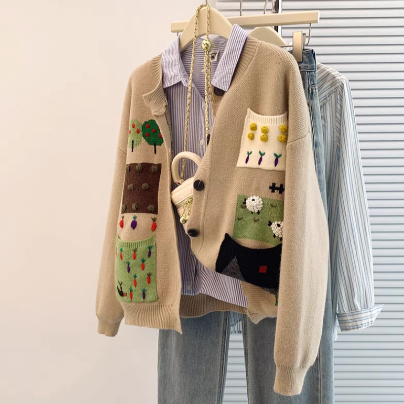 カーディガン、ニット、ジャカード、秋冬、防寒対策