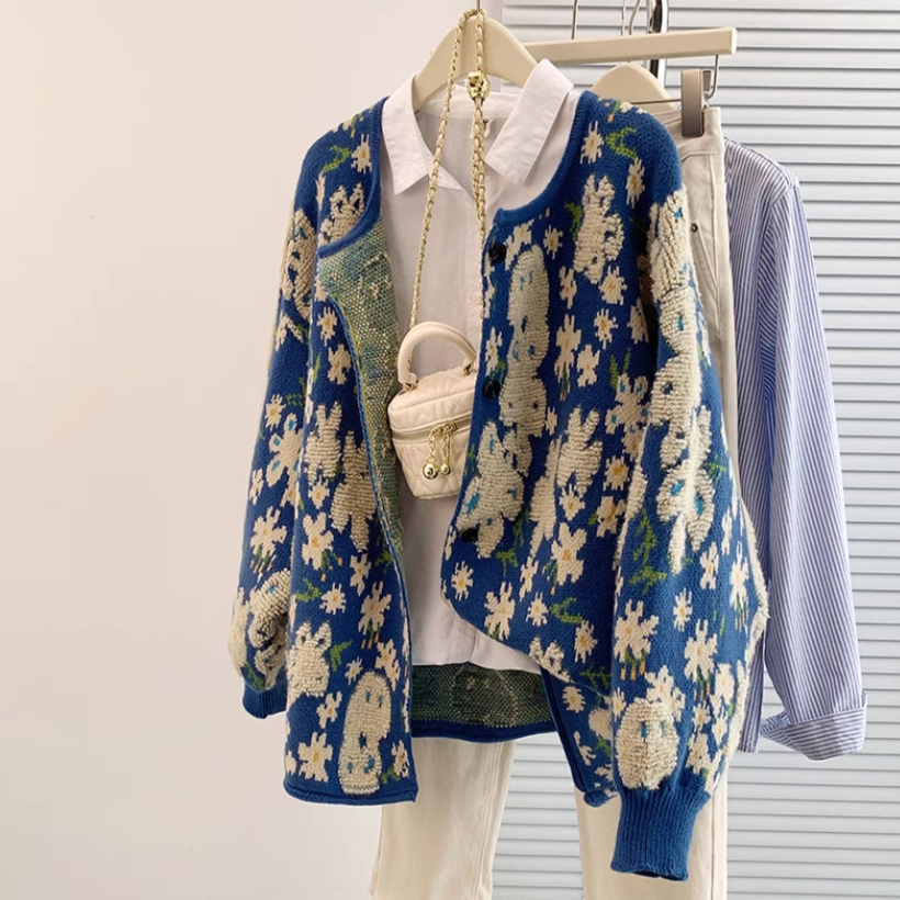 カーディガン、ニット、ジャカード、秋冬、防寒対策