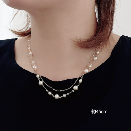 パール二重ネックレス47コ（Ｋ14）玉 ステーション パール ネックレス 2連 セット 重ね付け 金属