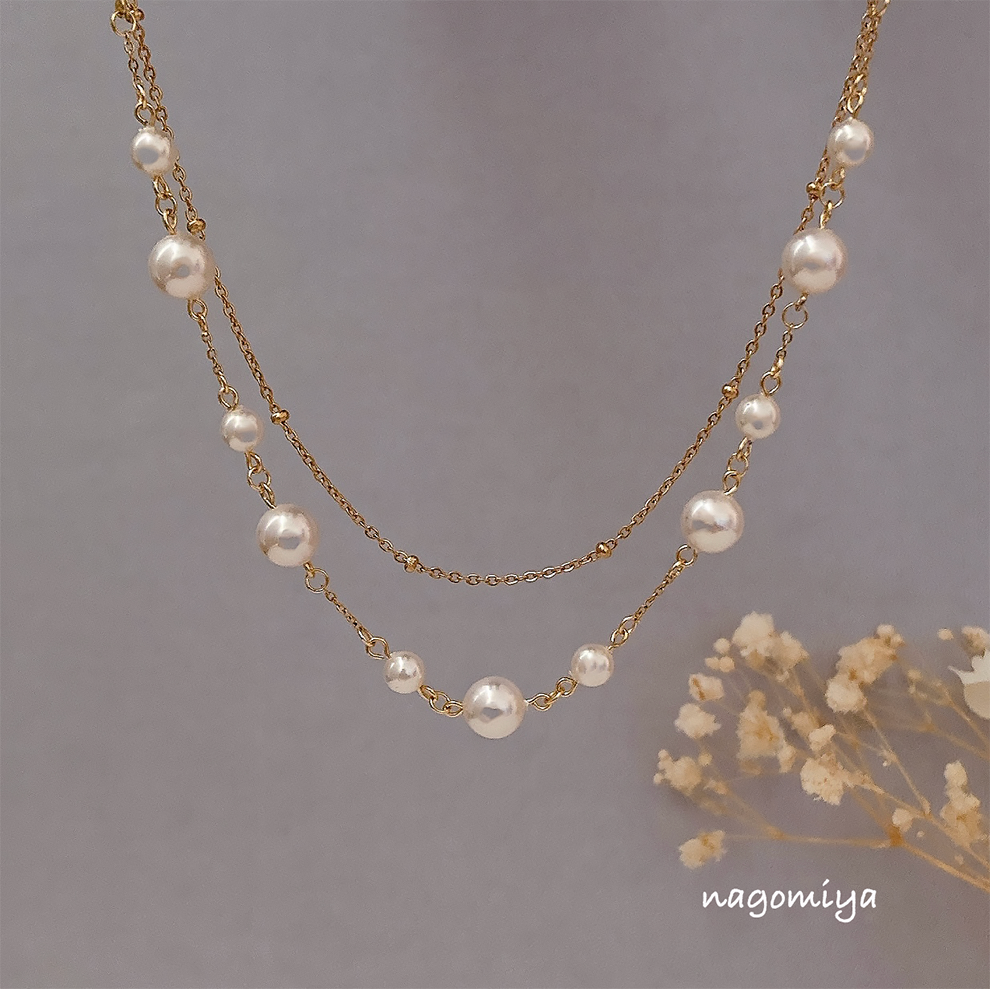 国産貝パール ステーション パール ネックレス ２連 セット 重ね付け 金属アレルギー対応