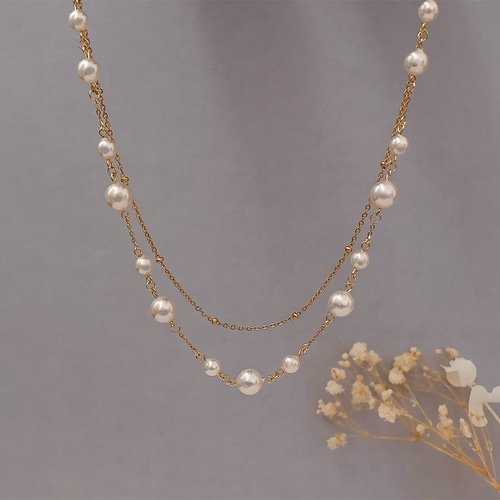 パール二重ネックレス47コ（Ｋ14）玉 ステーション パール ネックレス 2連 セット 重ね付け 金属