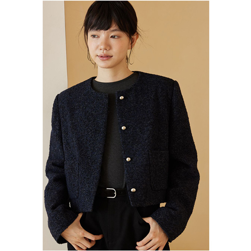 ウール混紡ショートジャケット　通勤ジャケット　紺色　S-XL#593