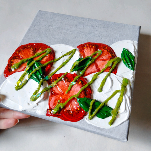 テクスチャーアートのカプレーゼ with バジルソース】アクリル画