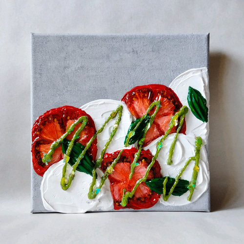 テクスチャーアートのカプレーゼ with バジルソース】アクリル画