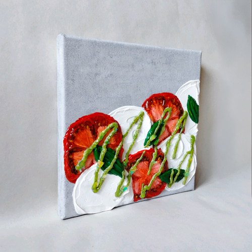 テクスチャーアートのカプレーゼ with バジルソース】アクリル画