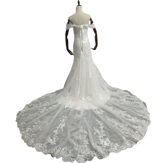 高品質！ マーメイドライン ウェディングドレス オフショルダー3D立体レース刺繍