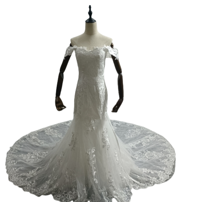 高品質！ マーメイドライン ウェディングドレス オフショルダー3D立体レース刺繍